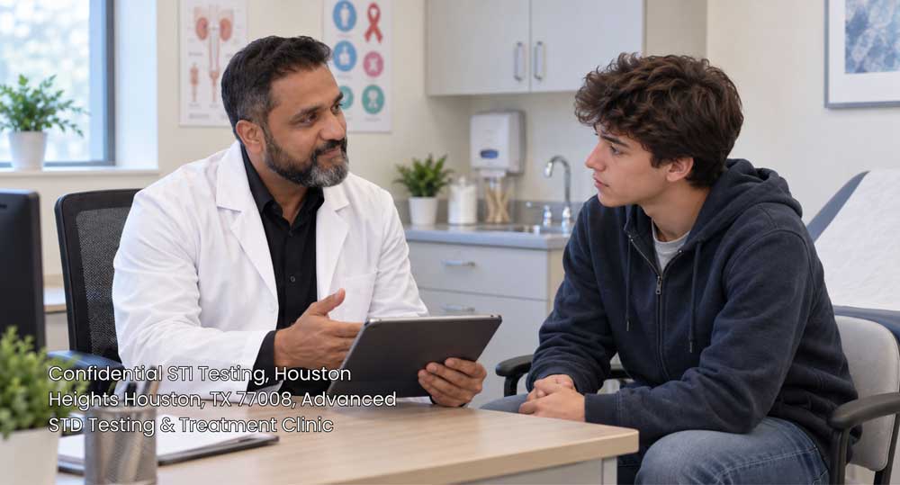 Male doctor offering confidential STI testing Houston consultation to a teenage boy in a medical clinic setting.