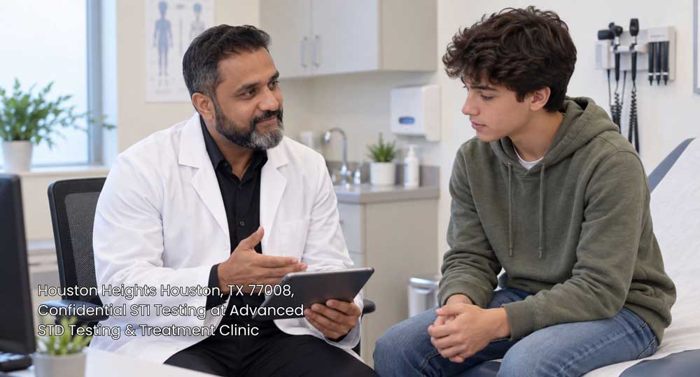 Teen boy discussing confidential STI testing Houston options with a physician at Advanced STD Testing Clinic.