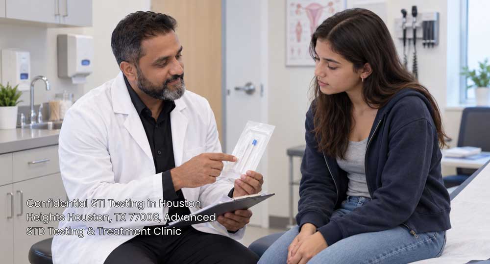 Doctor explaining a swab kit during a confidential STI testing Houston consultation with a teenage female patient.