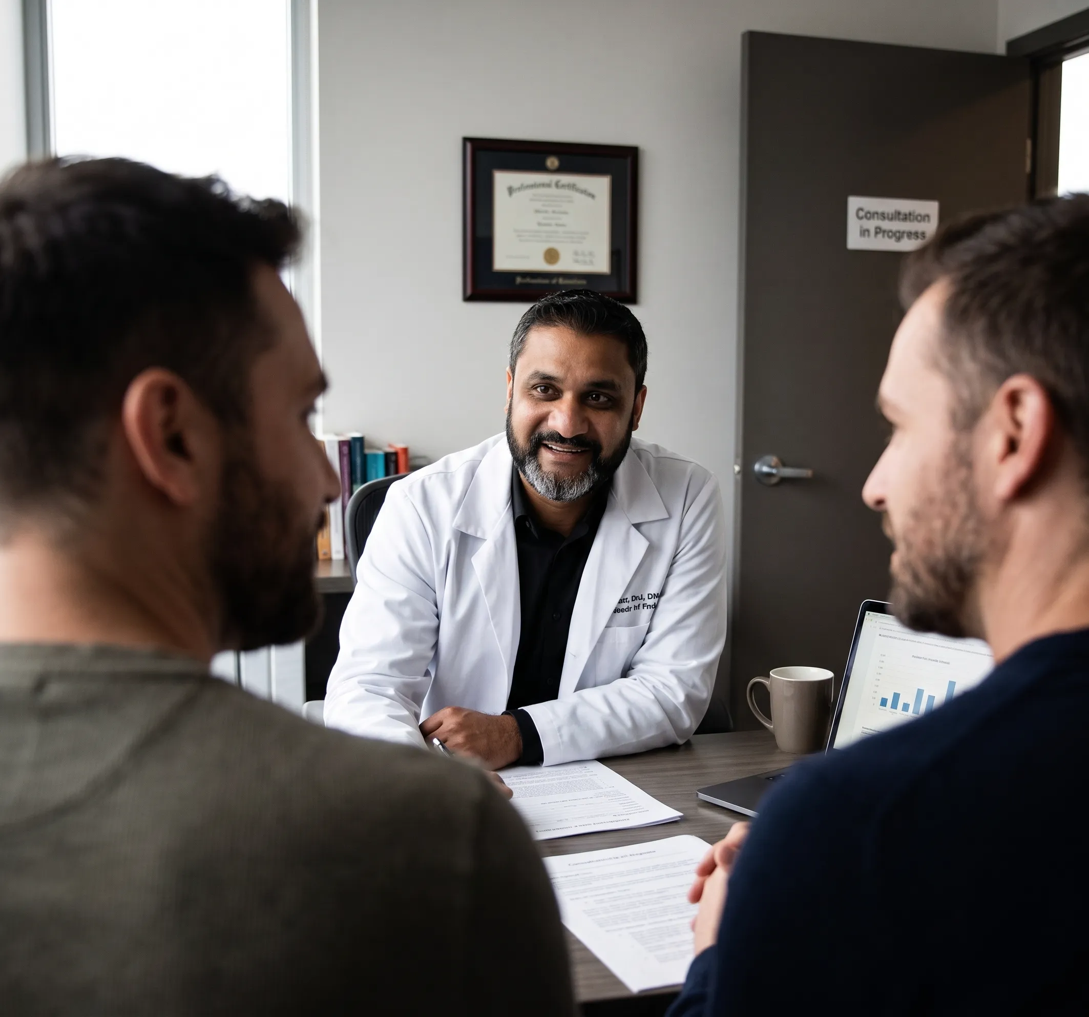 Doctor in a white coat speaking to patients across an office desk during a confidential Private Pharmacy meeting.