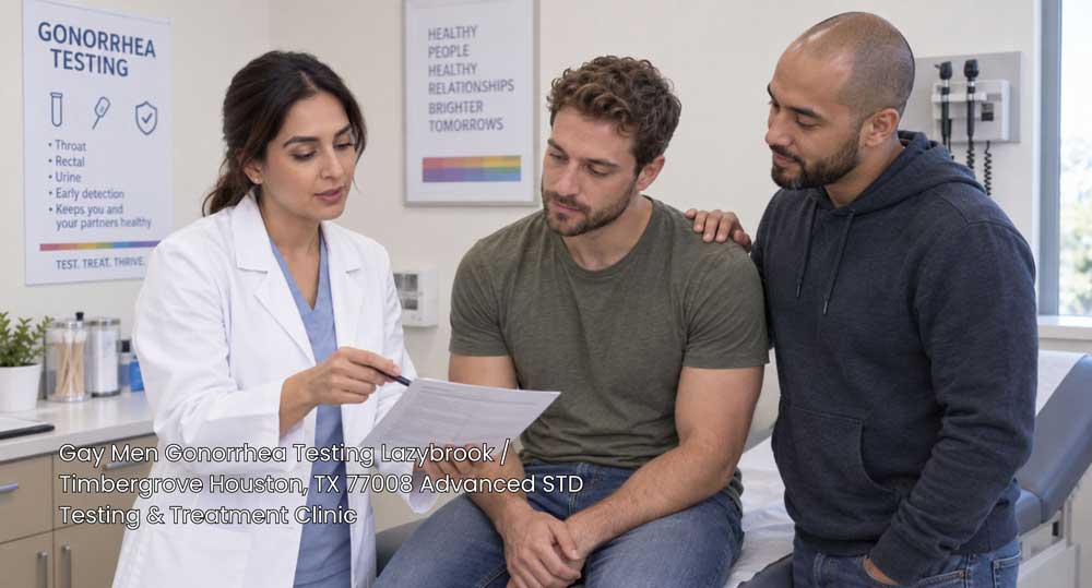 A healthcare provider reviews a medical report with a patient couple during gay men gonorrhea testing Houston in a clinic.