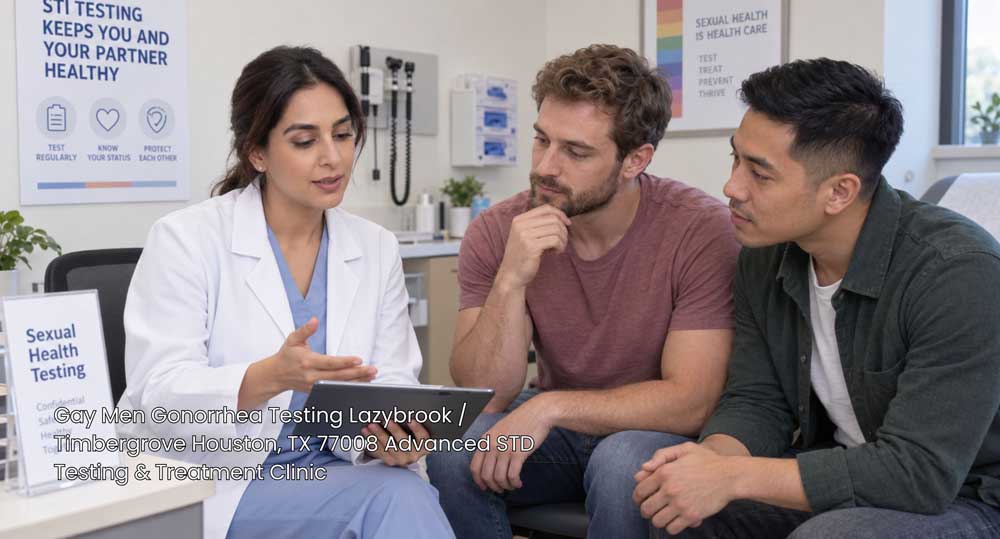 A female physician shares test results on a digital tablet during gay men gonorrhea testing Houston with two male patients.