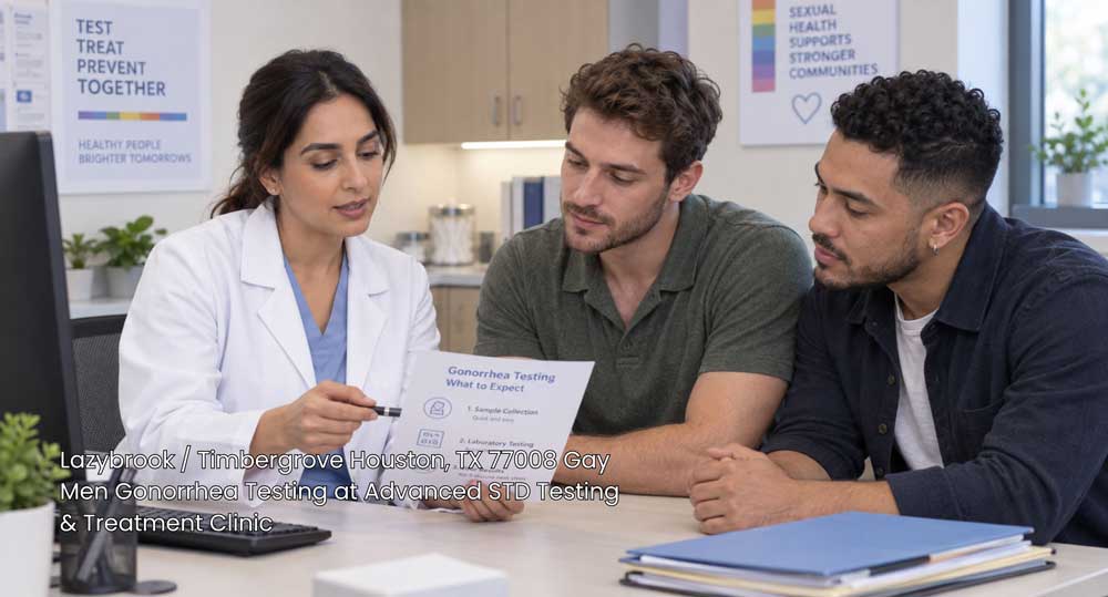 A doctor explains clinic paperwork to a couple during gay men gonorrhea testing Houston at a sexual health clinic.