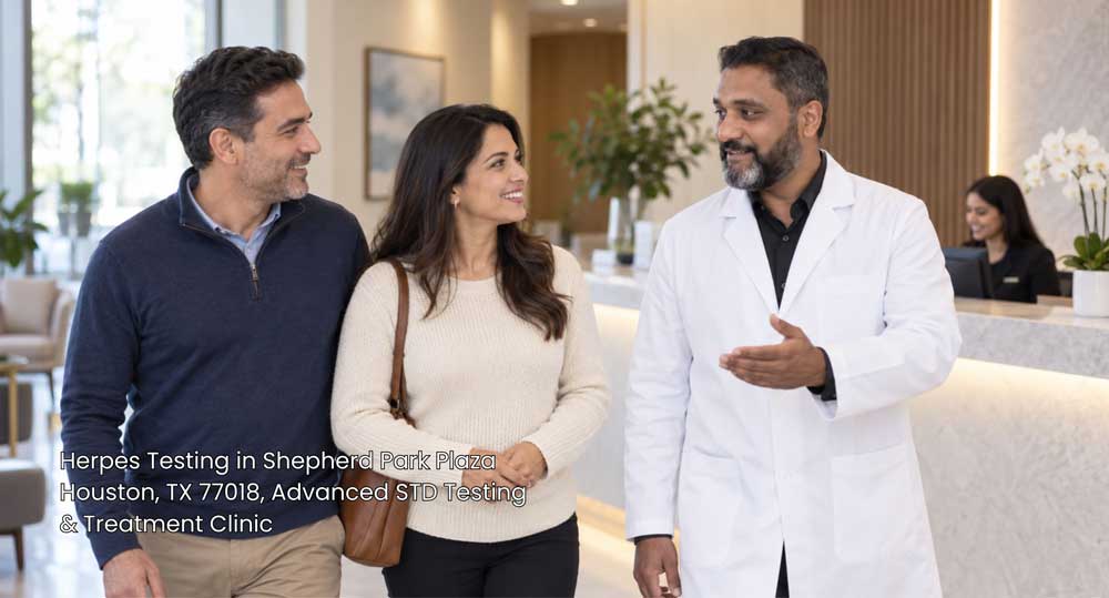 Doctor guiding couple through medical facility offering professional Herpes testing Houston near Shepherd Park Plaza.