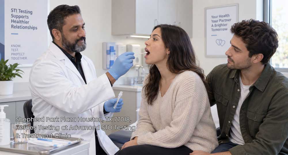 Doctor performing swab sample collection on patient for Herpes testing Houston clinic near Shepherd Park Plaza.