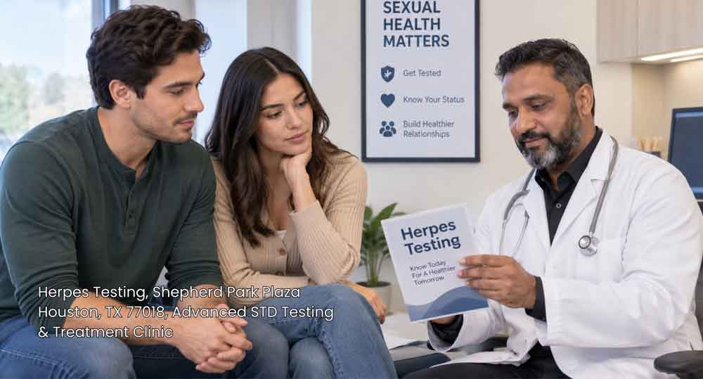 Doctor reviewing Herpes testing Houston results brochure with young couple during confidential medical consultation.