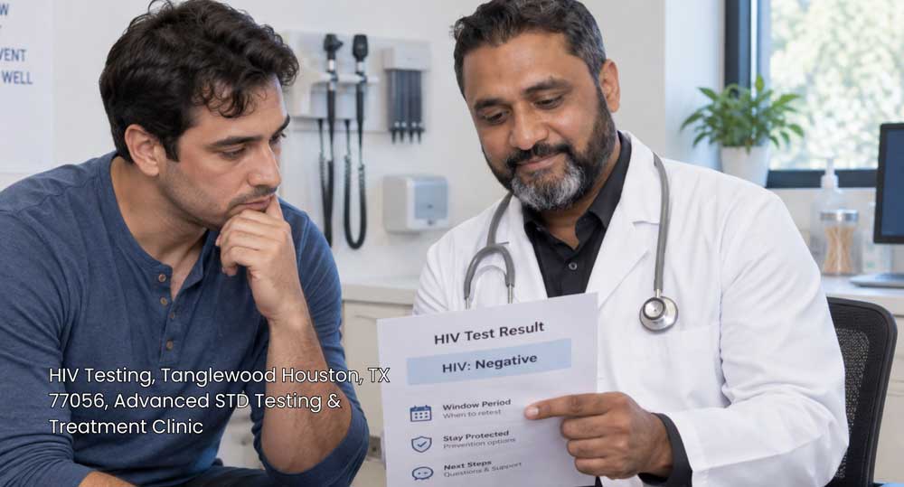 Doctor pointing out negative results during confidential HIV testing Houston services at a local health clinic.