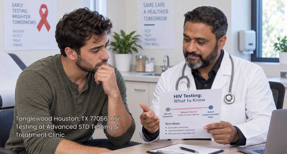Doctor explaining the window period for HIV testing Houston patients to a man in a clinical consultation setting.