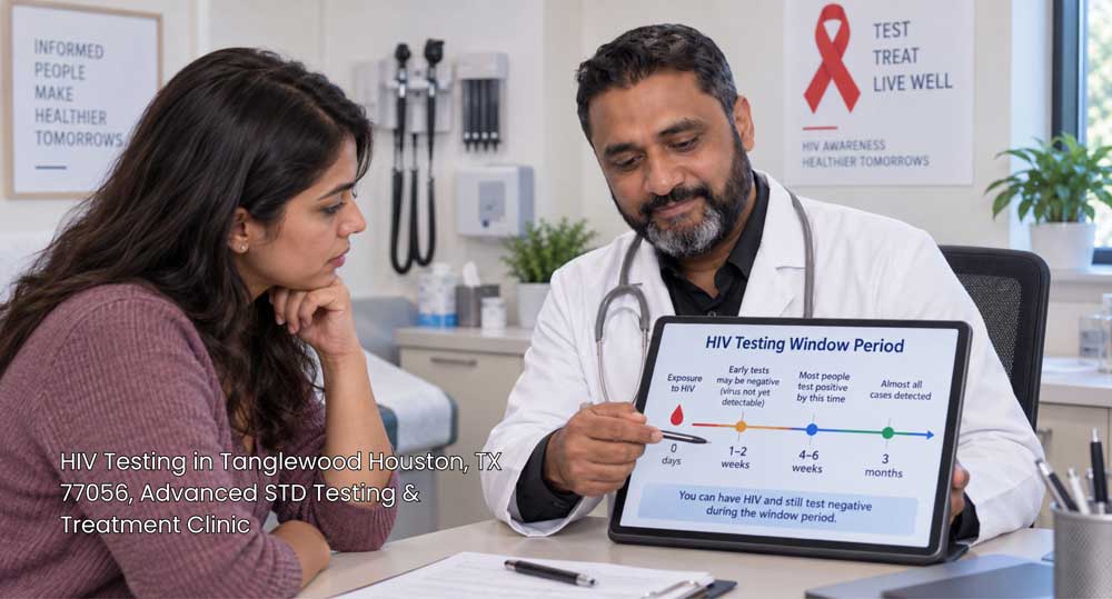 Healthcare provider using a tablet diagram to explain HIV testing Houston timelines to a patient during consultation.