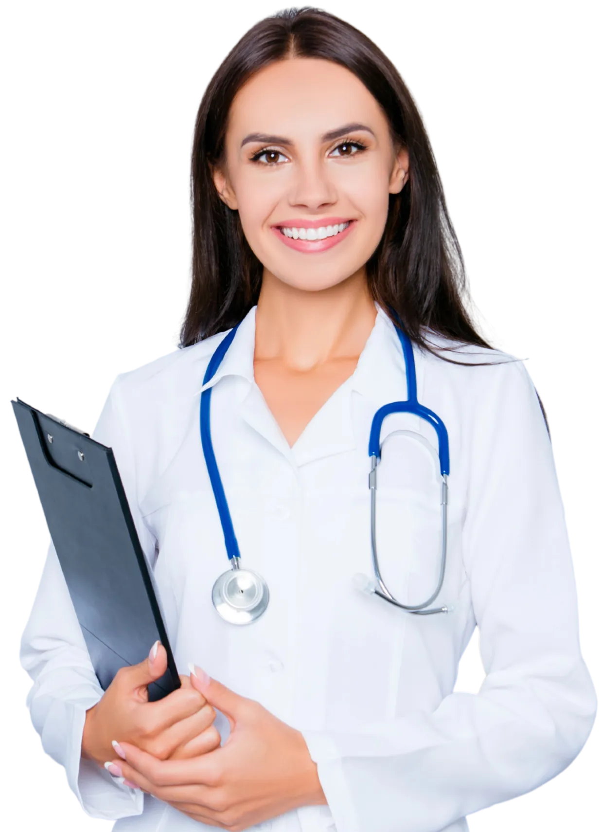 Smiling female doctor holding a clipboard with a stethoscope for professional Private Pharmacy healthcare services.