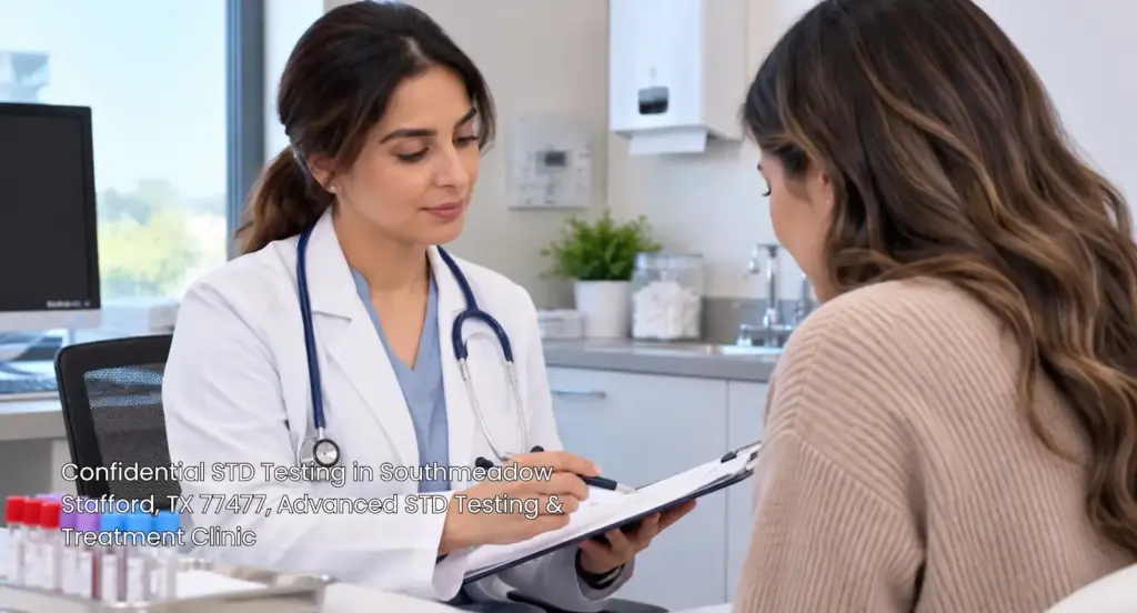 Medical professional discussing health results during a confidential std testing Houston visit with a patient. 