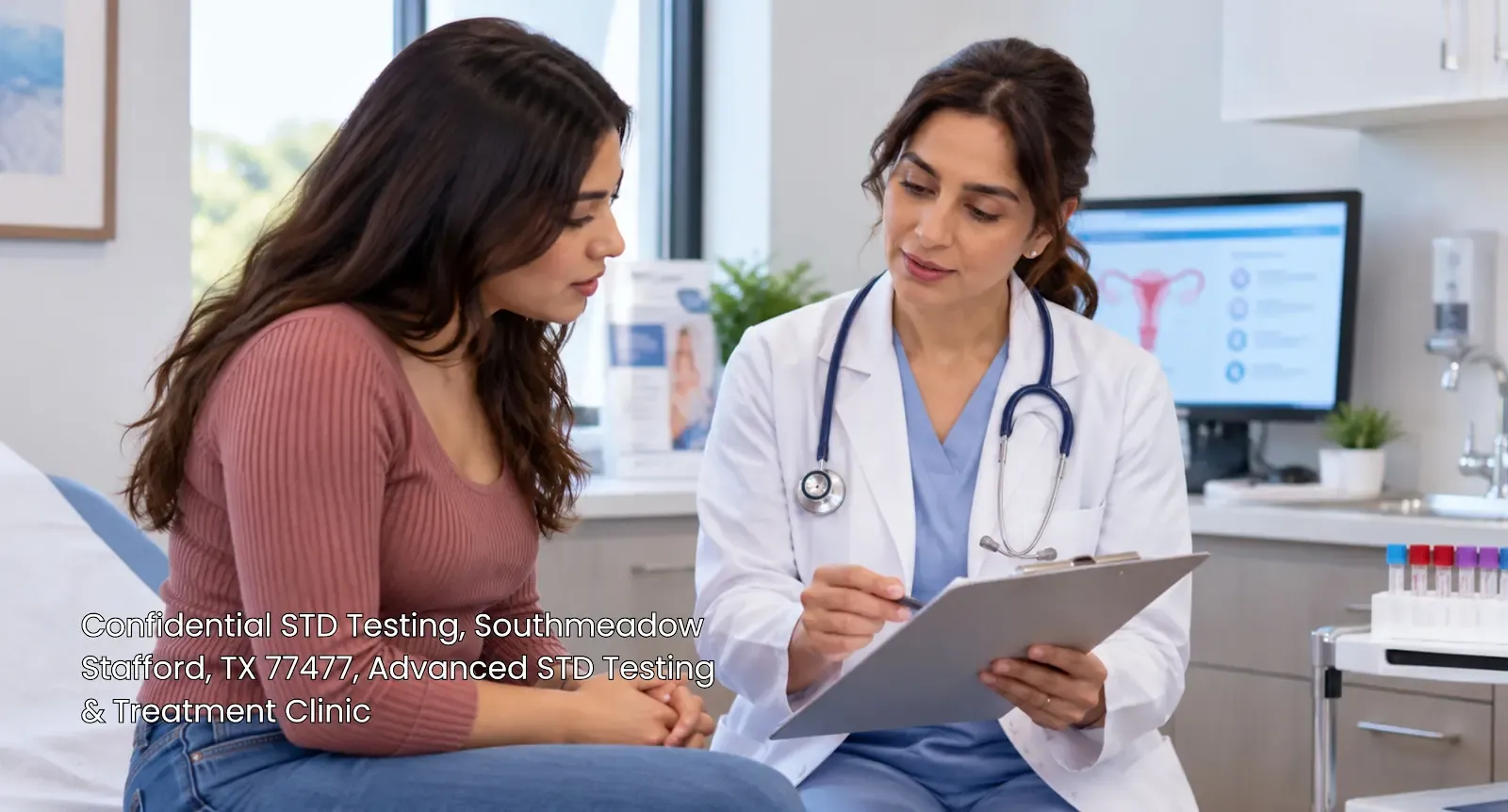 Patient consulting a healthcare provider regarding confidential std testing Houston services at a local clinic.