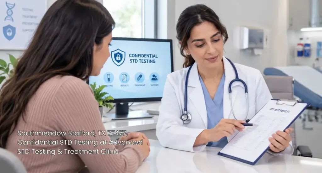 Doctor pointing at test result documents during a confidential std testing Houston patient consultation visit. 