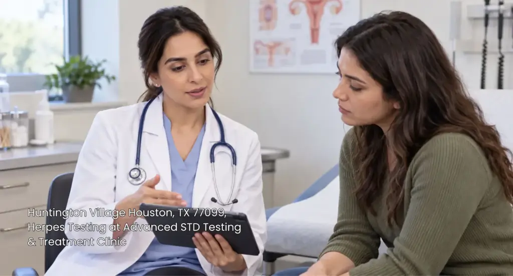 Doctor explaining medical results on tablet during herpes testing Houston appointment in Huntington Village. 