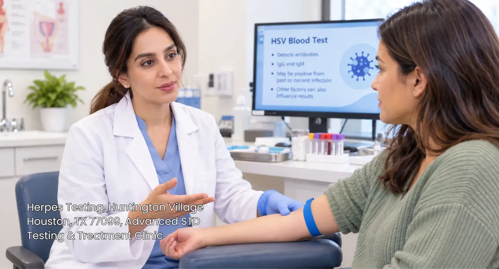 Medical provider preparing patient arm for HSV blood draw during herpes testing Houston clinic consultation.