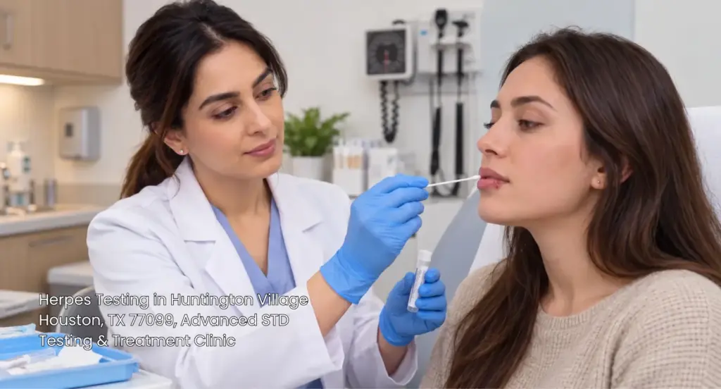 Healthcare practitioner performing oral swab collection for herpes testing Houston at a local STD clinic. 