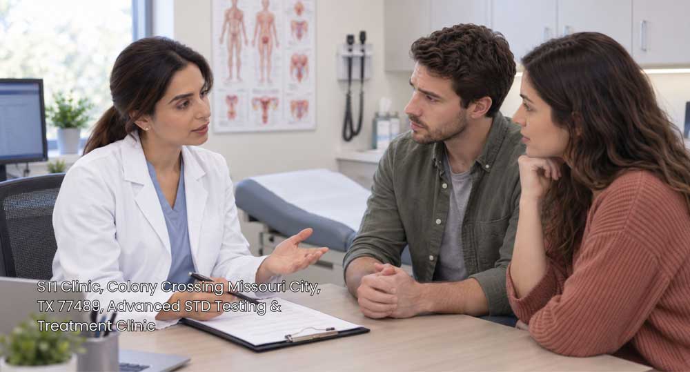 Female physician discussing STD testing options with a young couple at an STI clinic in Missouri City, TX.