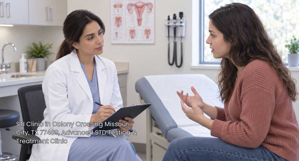 Female doctor taking medical notes while listening to a patient during consultation at an STI clinic.