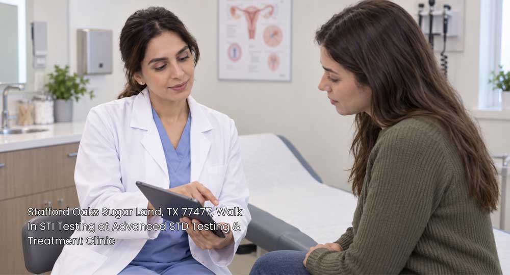 A female doctor reviewing digital health records on a tablet with a patient during walk in STI testing Houston.