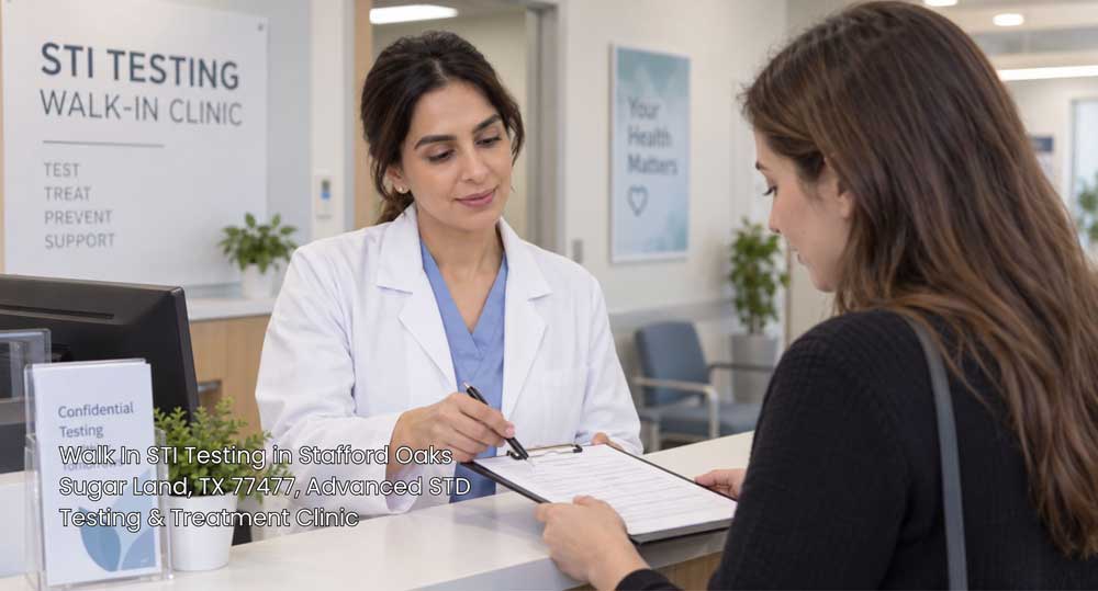Patient checking in at the front desk reception counter to receive walk in STI testing Houston medical services.